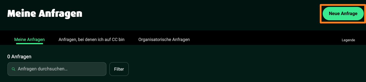 User interface showing request management with a button for new requests.